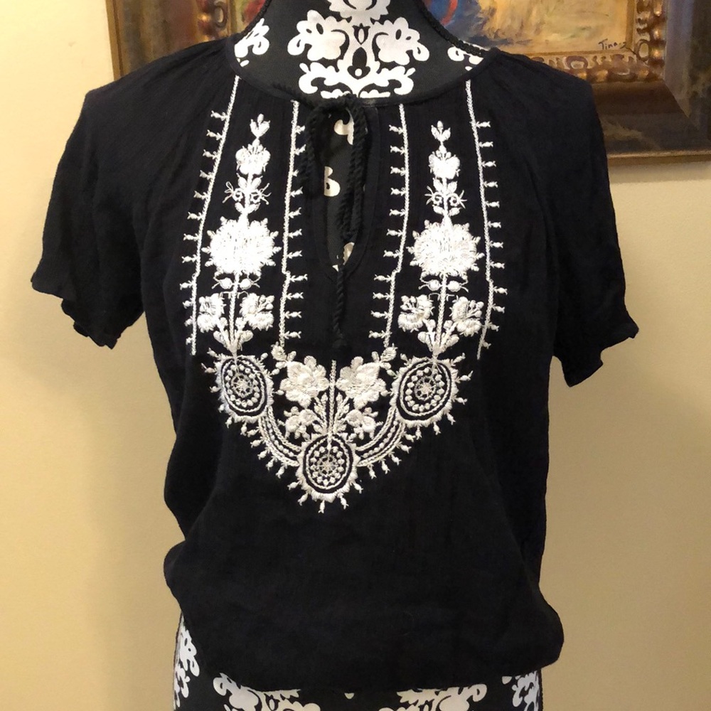 🌟Lucky Brand bohemian embroidered  v-neck rope tie short sleeve cropped top